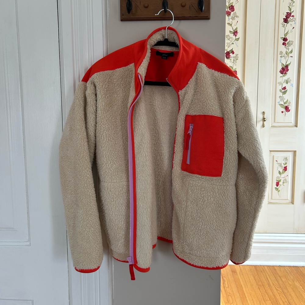 J Crew Sherpa plush zip fleece in orange/ivory/lavender